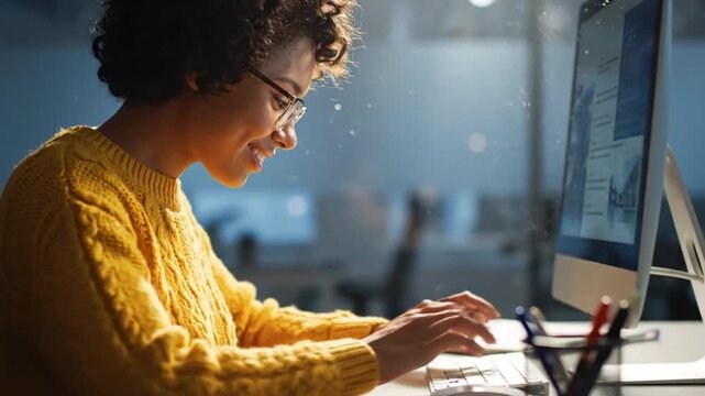 A woman working intently on a computer in a modern office environment at night from a side view