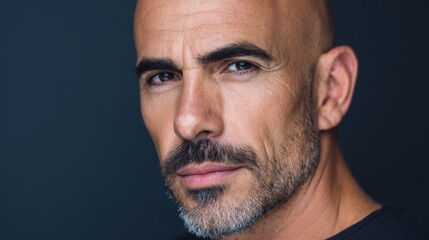 Fototapeta premium Bald man with a well-groomed beard is posing against a dark background, showcasing strong facial features and a confident expression in a close-up portrait
