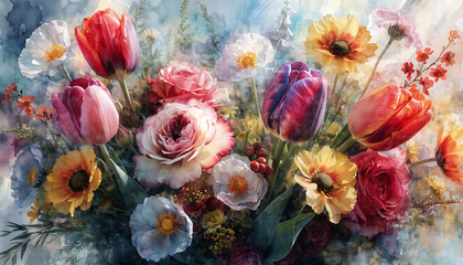 Vibrant watercolor bouquet of assorted flowers in soft pastel colors artistic painting