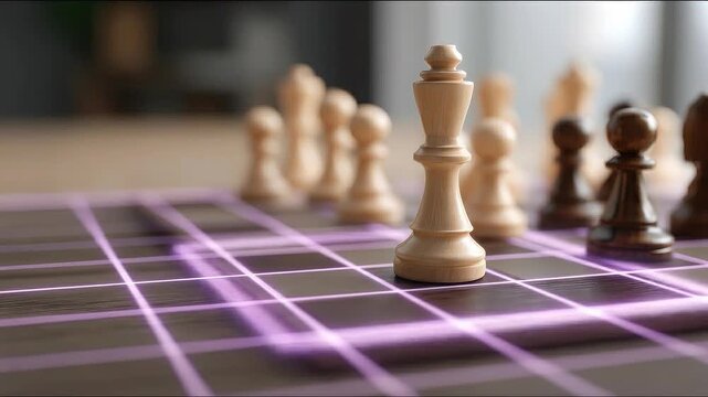 Floating ivory king above illuminated strategy grid symbolizes empowered leadership and structured decision control.