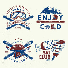Naklejka premium Set of ski winter sport retro badge. Vector. Concept for shirt, print, seal or stamp with ski glasses, skull, skeleton hand holding ski pole. Family vacation, activity or travel. For logo design