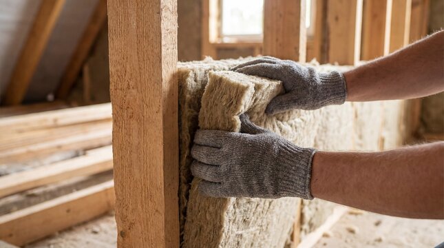 Close-up of gloved hands installing mineral wool insulation between wooden studs in an attic