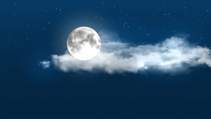 Fototapeta premium Night realistic sky background with full moon, clouds and stars