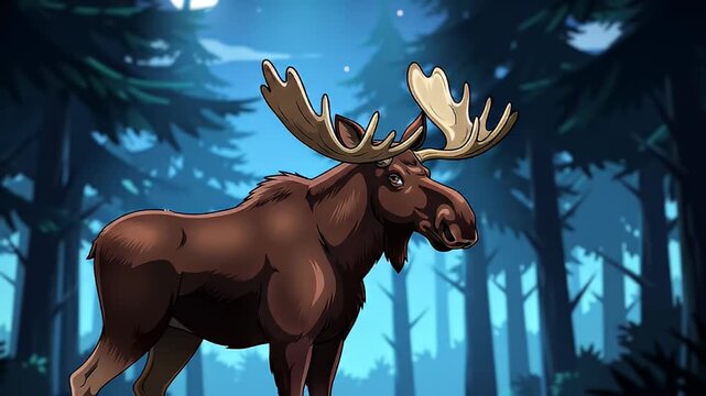 Majestic Moose in a Misty Forest - Illustration of a large bull moose standing proudly amidst towering trees and soft blue light evoking wilderness and tranquility
