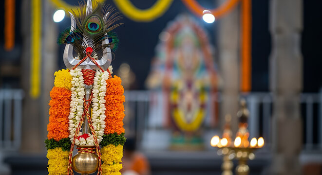 Intricate Close-up of Sacred Vel Spear and Fresh Garlands, Symbols of Devotion During Panguni Uthiram Festival