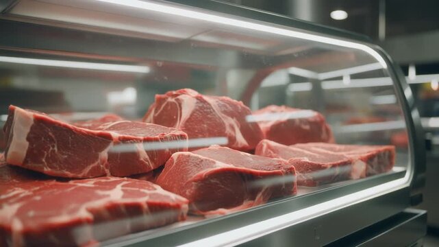 Raw cuts of beef steaks displayed in a refrigerated glass display case at a butcher shop meat