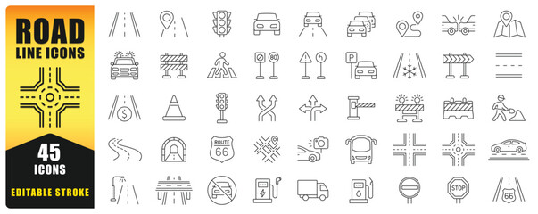 Road And Traffic Line Icon Set Featuring Editable Stroke Vector Symbols. Includes Signs, Vehicles, Intersections, Maps, Construction, And Navigation Elements. Perfect For Apps, Web, Print, And Infogra © frank