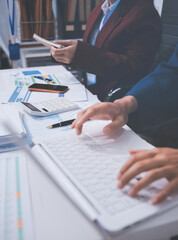 Accounting company provide finance and taxation planning for profitable cash flow, Auditor and accountant team working in office, analyze financial data and accounting record with calculator