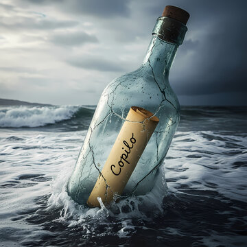 Cracked glass bottle with a message in a stormy sea