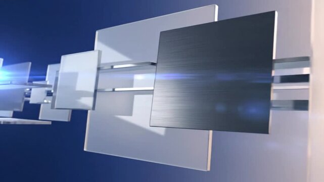 Dynamic 3d animation of metallic rectangles floating and rotating in blue space