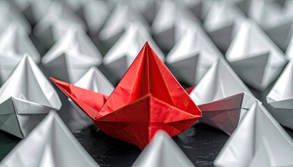 Obraz premium A single red origami boat leads a fleet of white paper boats, symbolizing individuality and leadership amidst conformity.