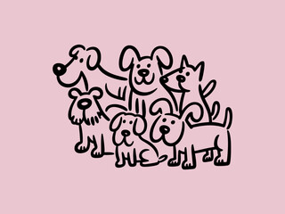 A playful group of cartoon dogs are depicted in a simple black line drawing on a pink background
