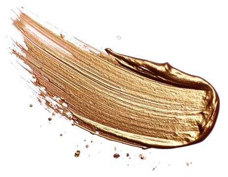 A striking smear of shimmering golden bronze cosmetic paint or makeup swipe isolated on white.