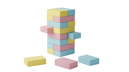 Fototapeta premium Colorful blocks stacked in a precarious tower with loose blocks around on a transparent background
