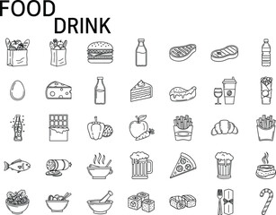 Collection of black and white line art icons representing various food and drink items Keywords: food, drink, icons, collection