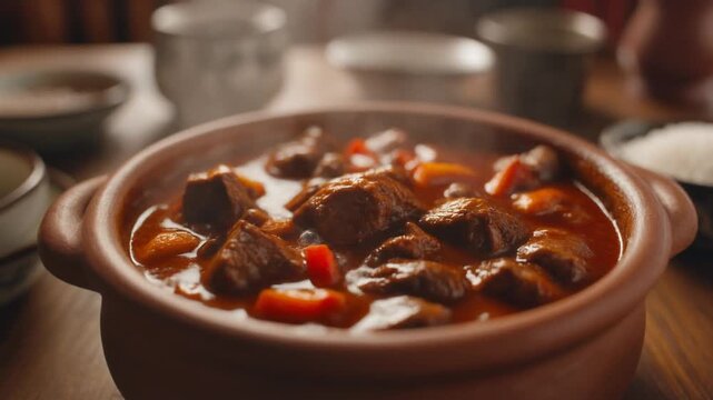 Steaming bowl of hearty beef stew with chunks of meat and carrots in a rich tomato sauce served with side dishes on a wooden table