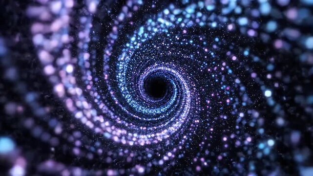 A spiraling tunnel of glowing particles in cool tones, with a black center