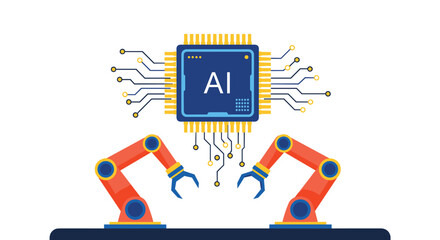 Naklejka premium Advanced artificial intelligence processor connected to robotic arms representing automation and high-tech manufacturing.