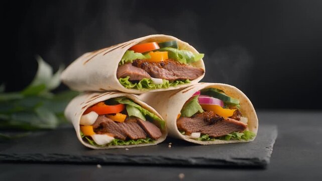 Three grilled meat wraps filled with lettuce tomato cucumber bell pepper and red onion stacked on a dark slate board with a green leaf accent