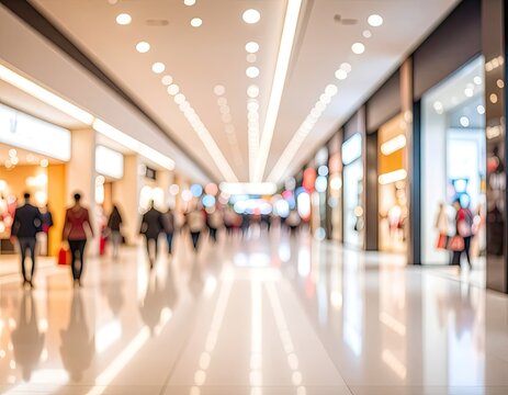 Blurred perspective shot down a brightly lit modern shopping mall corridor with indistinct figures walking.