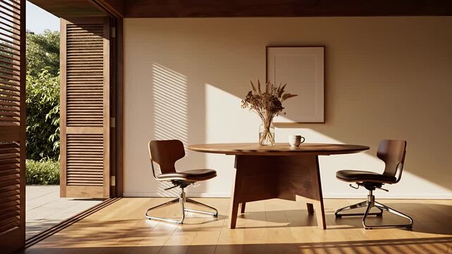Sunny modern dining room with open wooden shutters and garden view
