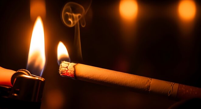 Cigarette being lit in the dark.