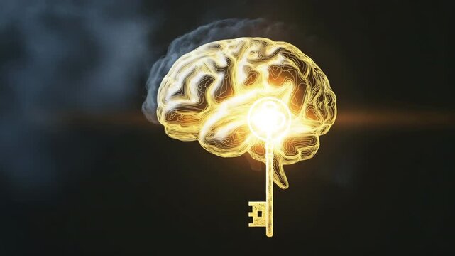 Human brain combined with a golden key, knowledge, intelligence, memory, and the unlocking of the mind&rsquo;s potential.
