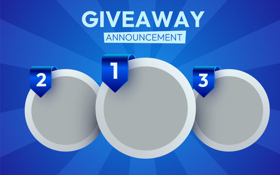 Giveaway Announcement Template with Three Prize Slots on a blue background. Ideal for online contests. Vector illustration.