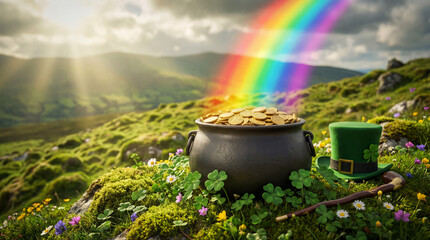 St Patricks day, golden coins pot and a colorful rainbow, good luck concept 