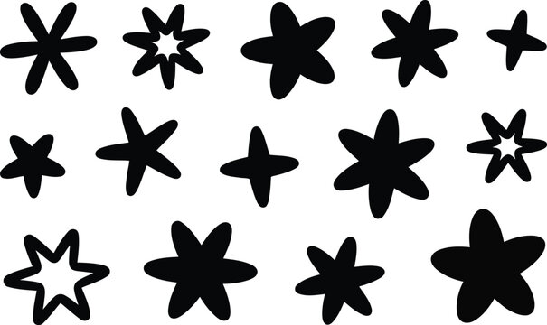 A charming collection of hand drawn black blobby star shapes with rounded edges on a white background