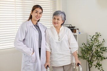 Obraz premium Senior, doctor, healthcare, elderly, medical support in clinic, physician guides patient walking with walker, mobility assessment, balance training, fall screening, recovery progress, wellness healthy