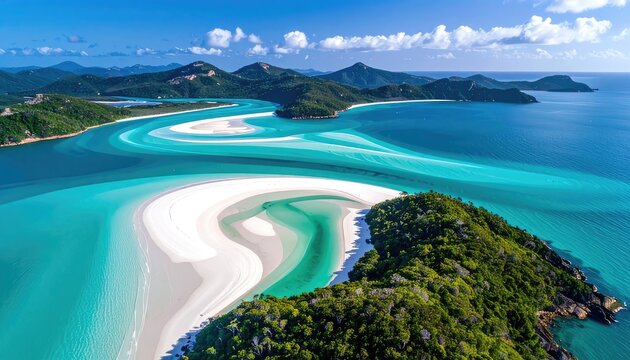 Aerial view of the swirling white sands and turquoise waters of Whitehaven Beach