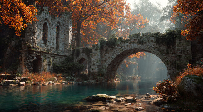 An ancient stone bridge arches over a calm river in a misty autumn forest. A weathered medieval house stands nestled among amber trees, illuminated by soft, cinematic light in an epic fantasy style.