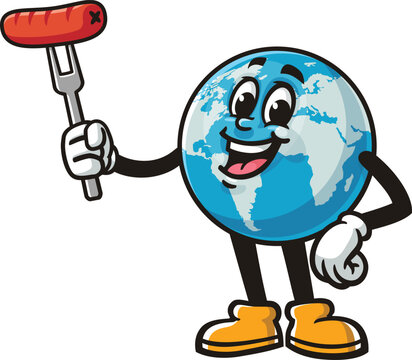 Earth mascot cartoon holding a sausage