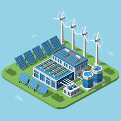 Sustainable Energy Facility with Solar Panels and Turbines. © Sumirah