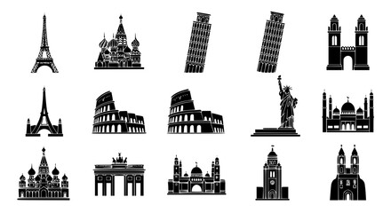 International Landmarks Silhouette Icon Pack &ndash; Black Flat Vector Illustration
