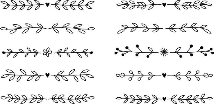 A collection of elegant linear dividers featuring delicate leaves and small hearts for page separation