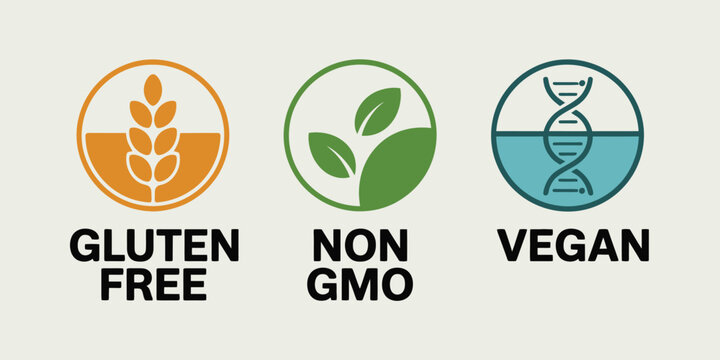 Non GMO Vegan Gluten Free Icon Set: Triple Certified Food Labeling Graphic for Healthy, Plant-Based, and Allergen-Free Products