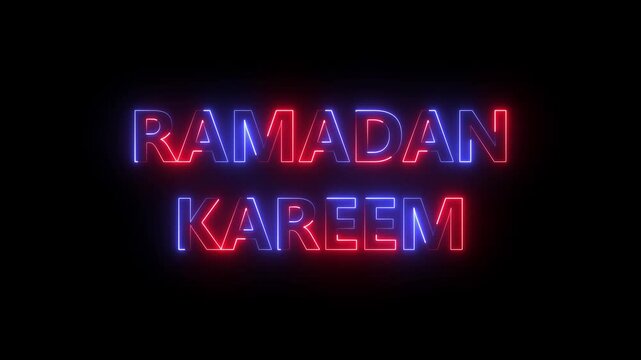 Ramadan Kareem text with neon line animation on a black background. Elegant neon-style glowing Ramadan Arabic. Neon sign RAMADAN MUBARAK Kareem text.