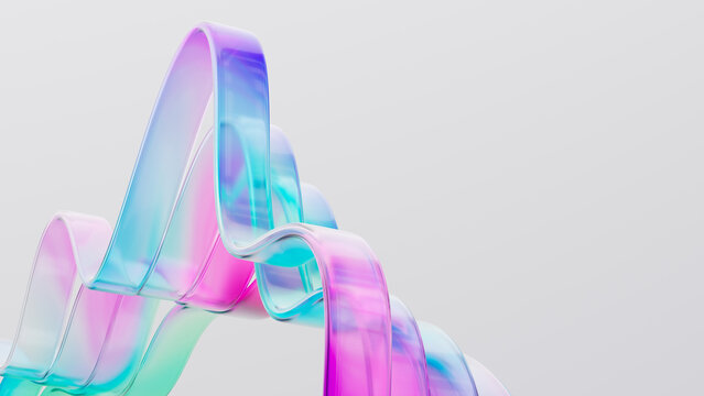 Dynamic abstract glass ribbon, Holographic gradient curved stripes. 3d rendering futuristic design background.