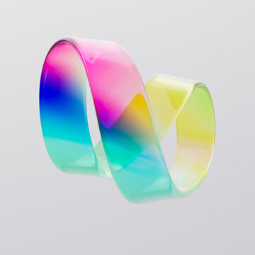 Colorful glass ribbon loop shape. 3d rendering abstract curved strip with rainbow iridescent gradient texture poster design element.