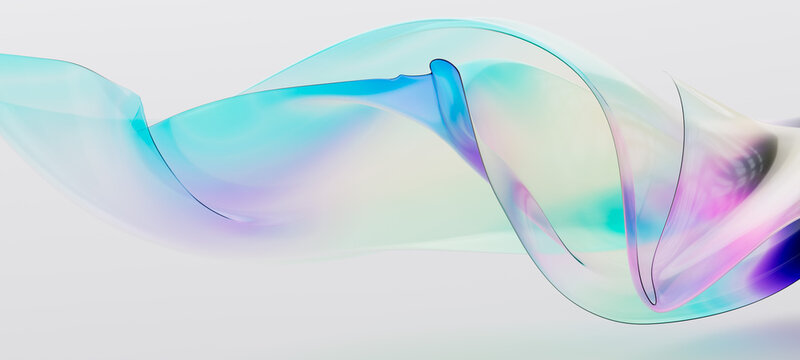Delicate abstract 3d rendering of a thin film flowing fabric. Elegant wave featuring subtle pastel holographic color gradient. Cosmetic, beauty care, medical innovation background