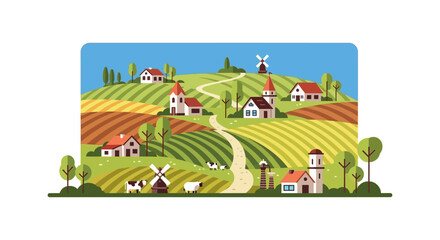 Obraz premium Charming Rural Village Landscape Vector Illustration. Rolling Green Hills, Farm Fields, Houses, Windmills, and Livestock in Flat Design Style.