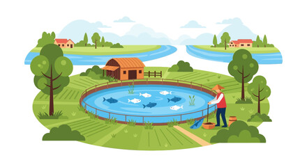Aquaculture Fish Farm Illustration: Farmer Tending to Pond in Rural Landscape. Sustainable Food Production Concept.