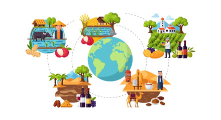 Obraz premium World Agriculture Concept: Global Food Sources, Supply Chain, and International Trade Routes. Farming and Crop Diversity Illustration.