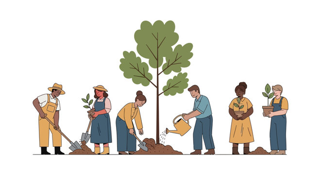 Diverse Team Planting Trees: Environmental Conservation, Ecology Project, Sustainable Future, Community Volunteering and Reforestation Illustration.