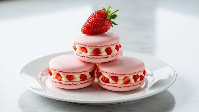 A stack of three pink strawberry macarons with cream filling and a fresh strawberry on top, presented on a white plate.