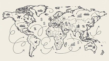 Hand-drawn world map with global trade routes and business icons illustrating international commerce and logistics concept for finance and travel © Tanzeel