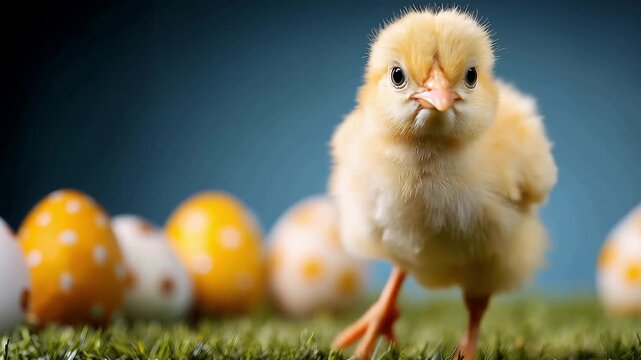 Easter eggs and cute fluffy chick in green grass outdoors. Concept for spring and Happy Easter Holiday