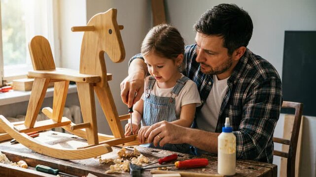 Father and child assembling a wooden rocking horse toy together, showing family bonding and DIY craftsmanship.